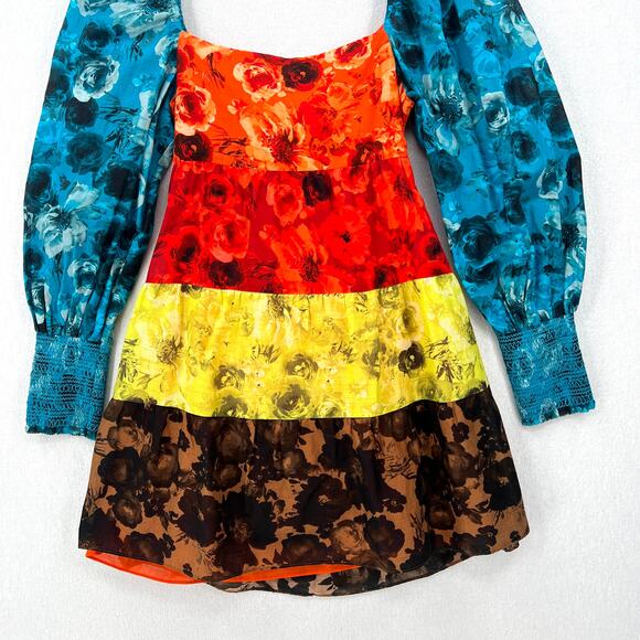 ALICE AND OLIVIA Rowen Tiered Babydoll Dress Womens XS Blue Red Floral Print - Picture 6 of 16